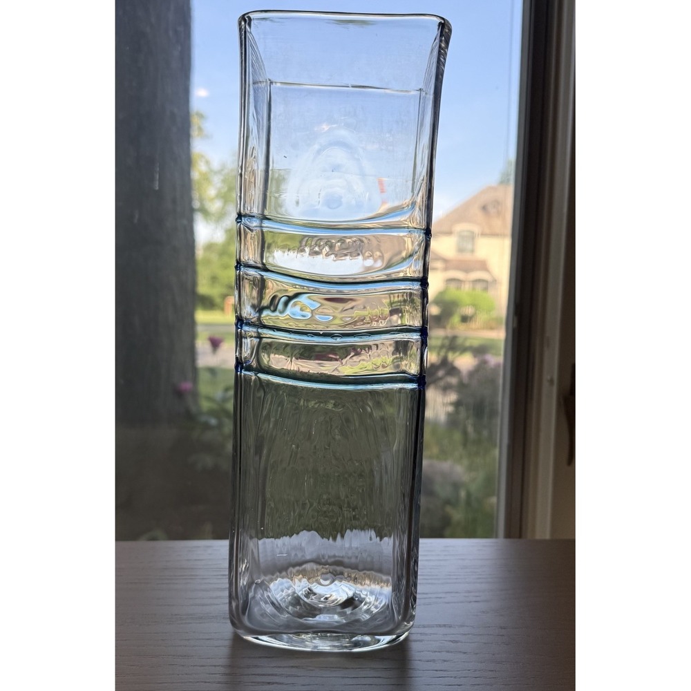 Vintage Blenko Glass 9618s 12" Square Blue Swirl Vase Stunning